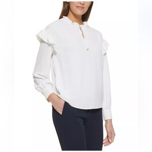 Tommy Hilfiger Ruffled-Shoulder Tie-Up Neck Woven Blouse Long Sleeve
